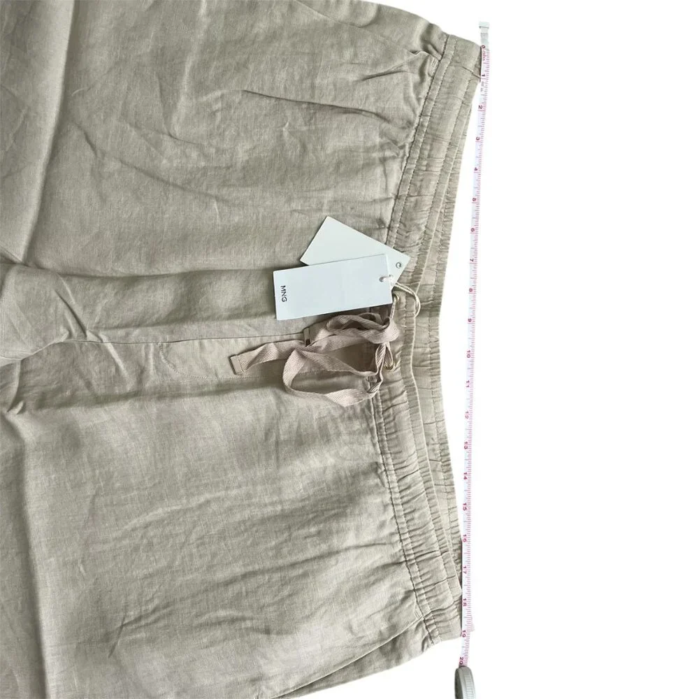 Mango MNG NWT 100% Linen Straight Pants Summer Elastic Waist Drawstring Size 1XL